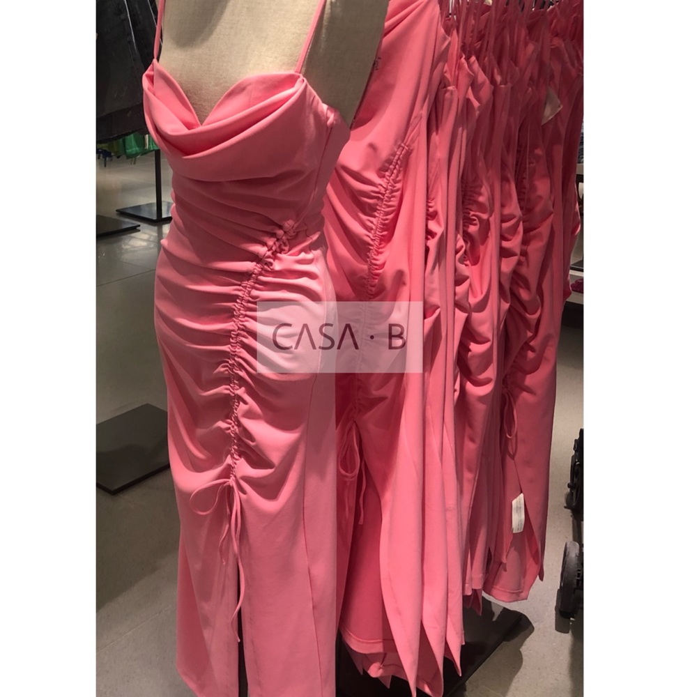 NEW💫CASA B | Sasha Draped High-Slit Side Ruched Midi Dress in Pink